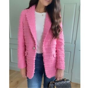 Pink Tweed Oversized Front Pocket Blazer Coat